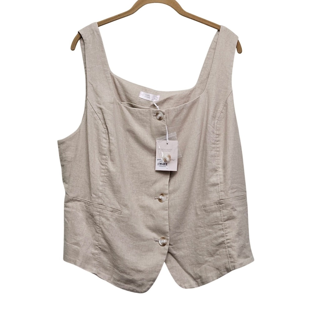 Lauren Conrad Vest Womens 1X Khaki Linen Blend Button Front Tie Back Tailored